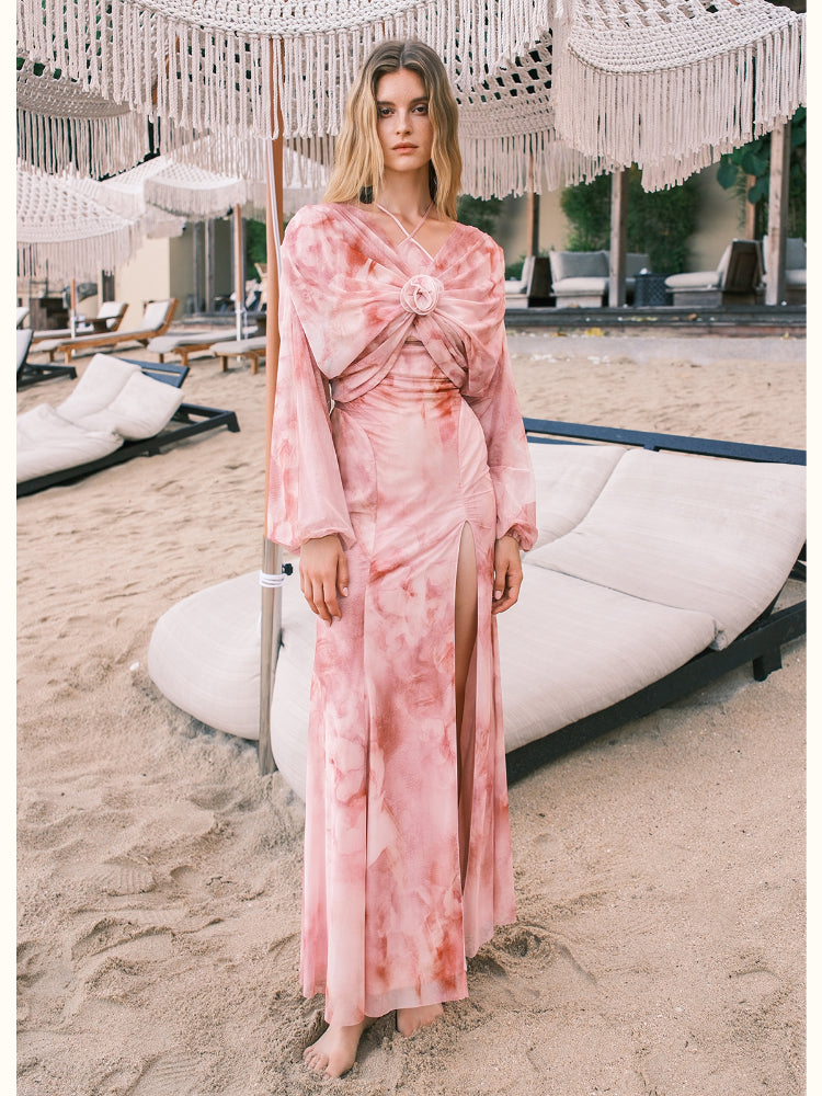 Net Fabric Halter Neck Backless High Slit Floral Print Dress