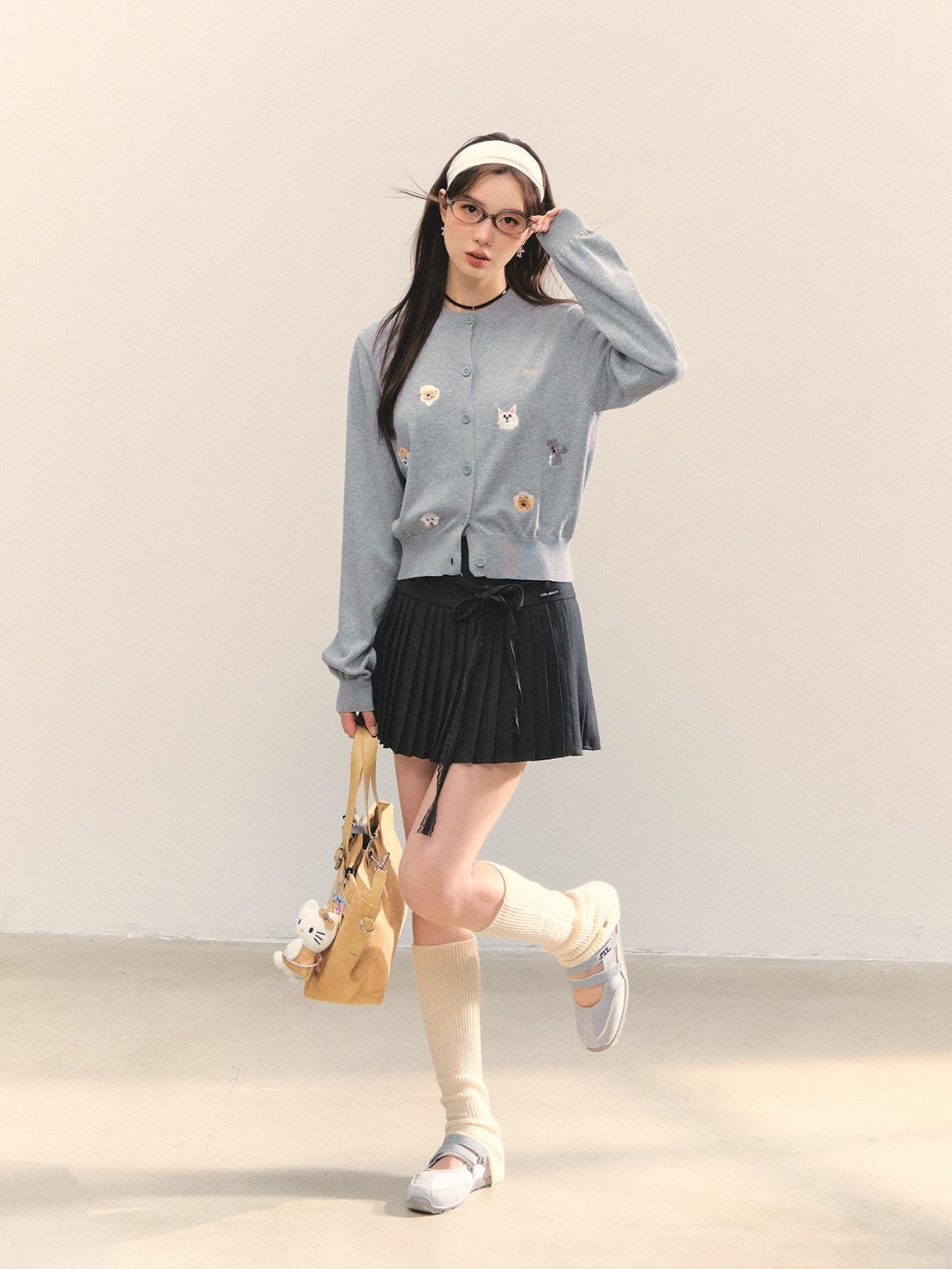 Gray Lace-Up Pleated Skirt