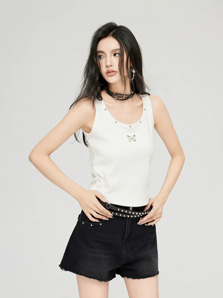 White & Black Butterfly Printed U-neck Tank Top