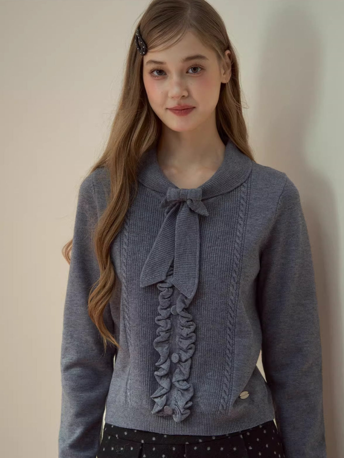 Ruffle-Tie Knit Peter-Pan Collar Sweater
