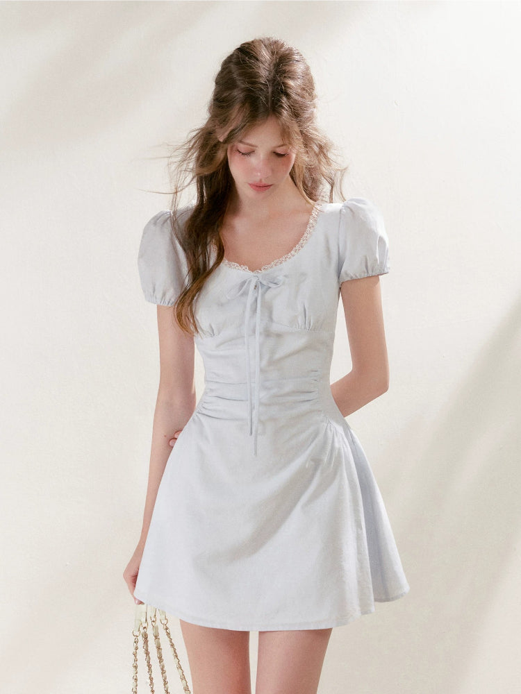 Pleated Puff Sleeve Dress