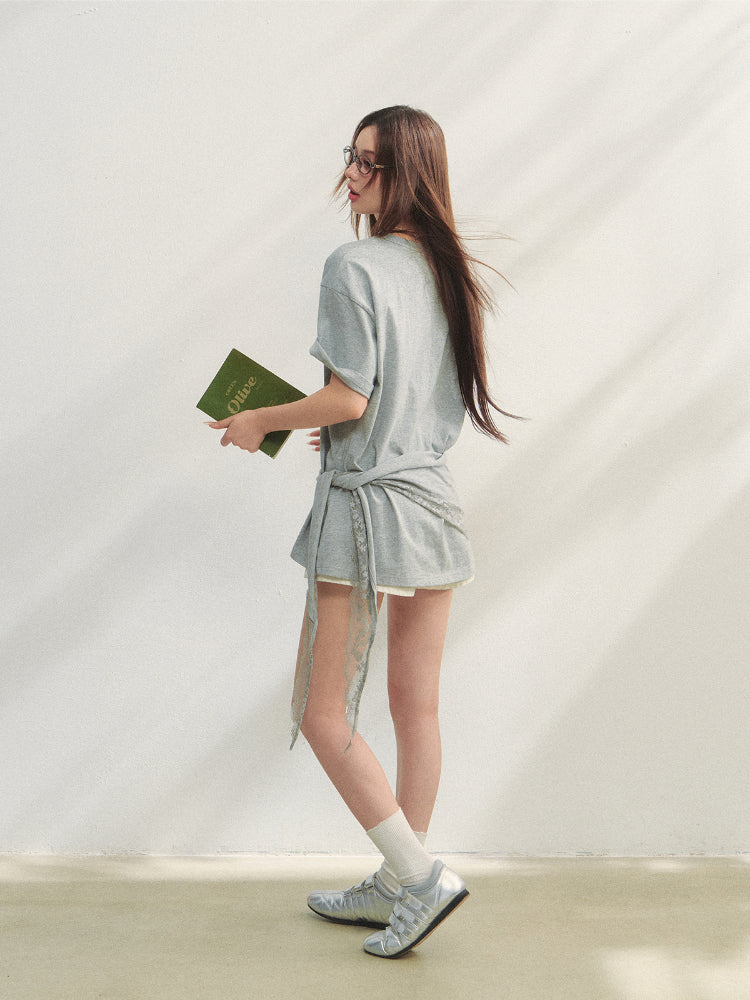 Fruit Print Lace-Trimmed Tie-Up T-shirt