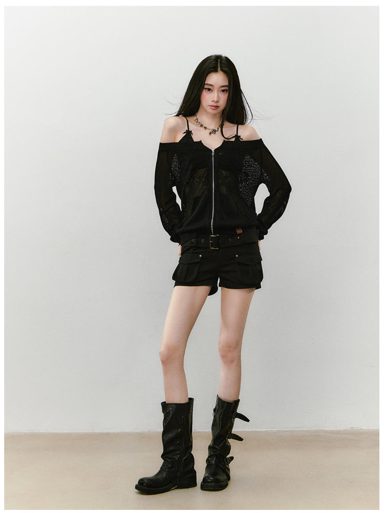 Knitted Floral Convertible Hollow-out Coat