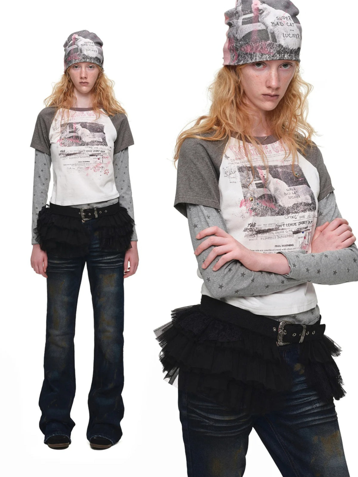 Cat Print Layered Raglan Top
