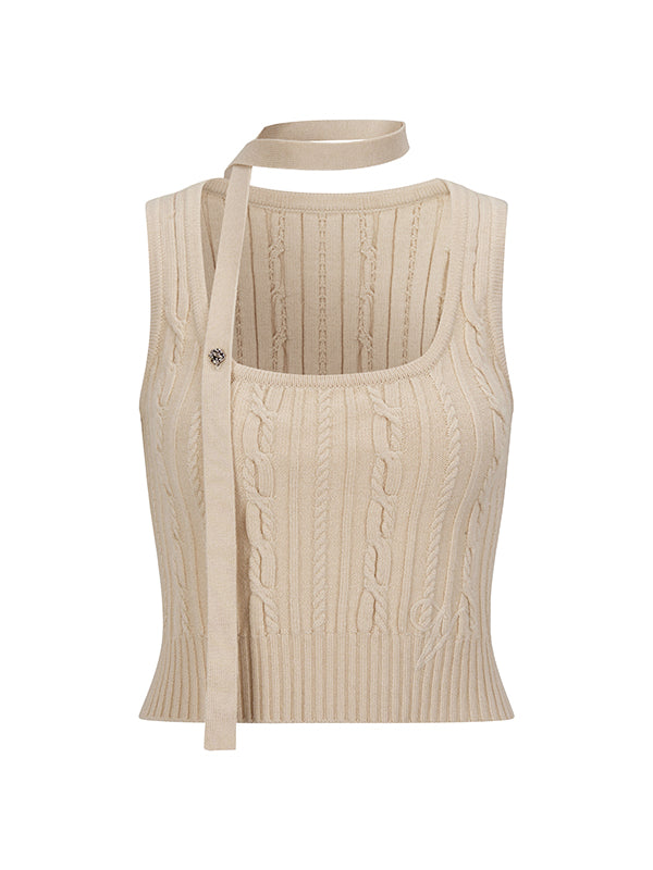 Black & Beige Ribbon Knit Tank Top