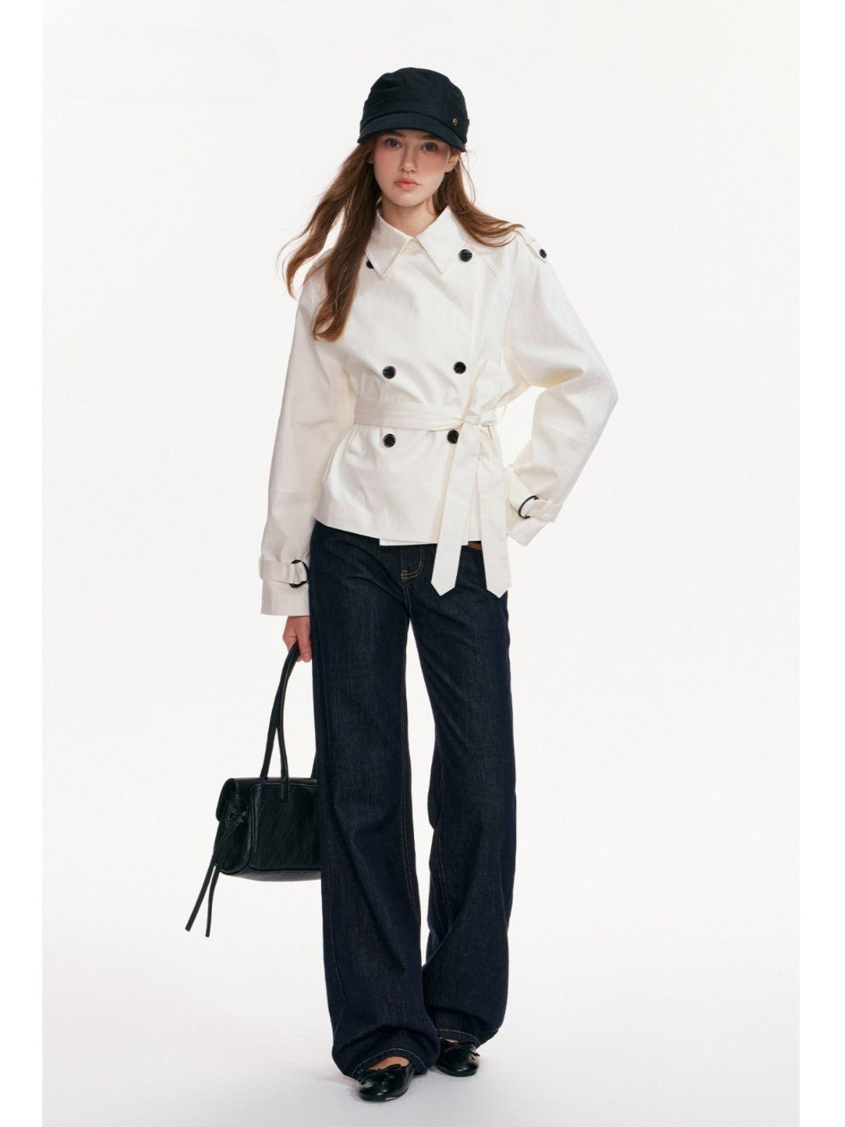 Buttoned Lapel Belted Cropped Trench Coat