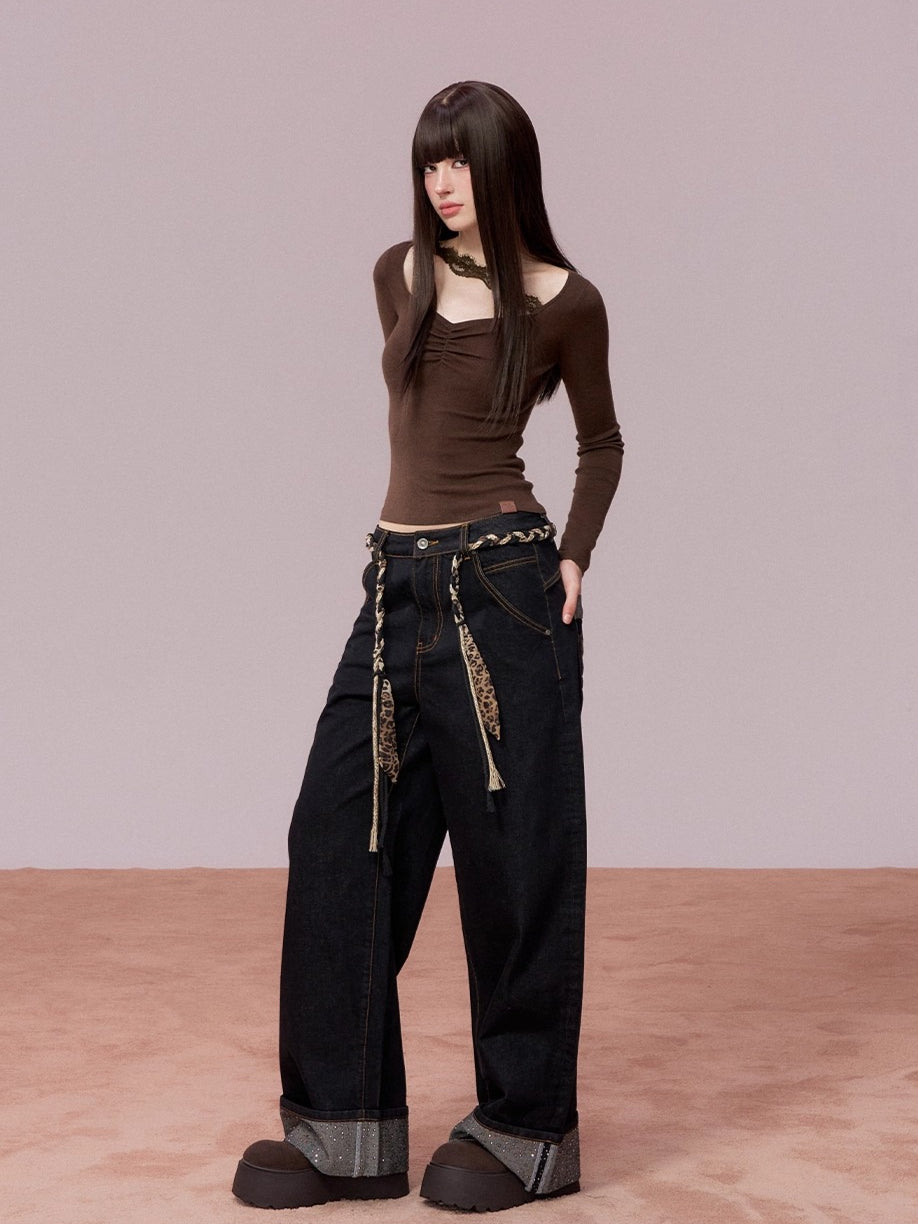 Rhinestone Cuffed Wide-Leg Denim Jeans