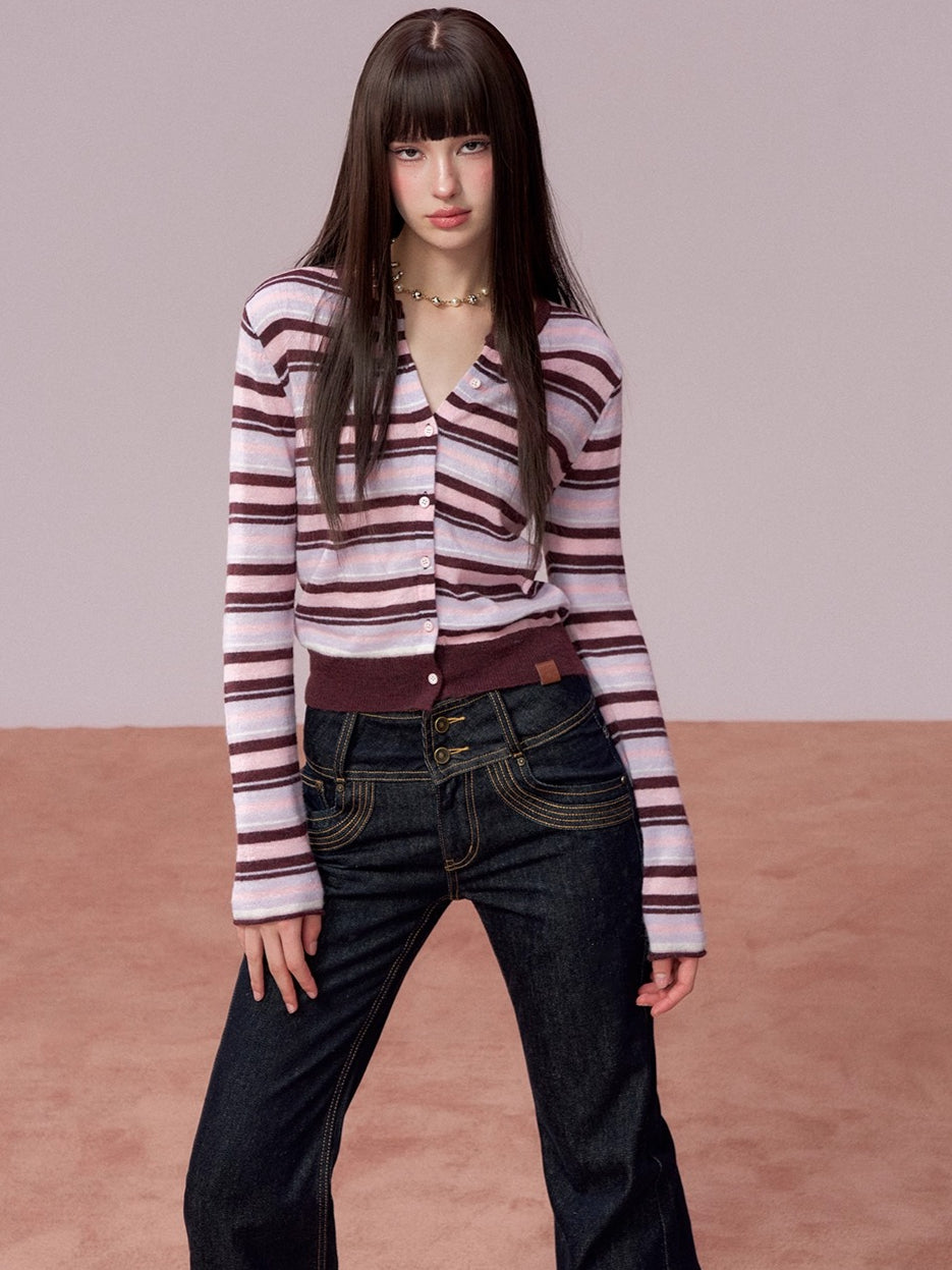 Color-Block Striped Wool Knit Cardigan
