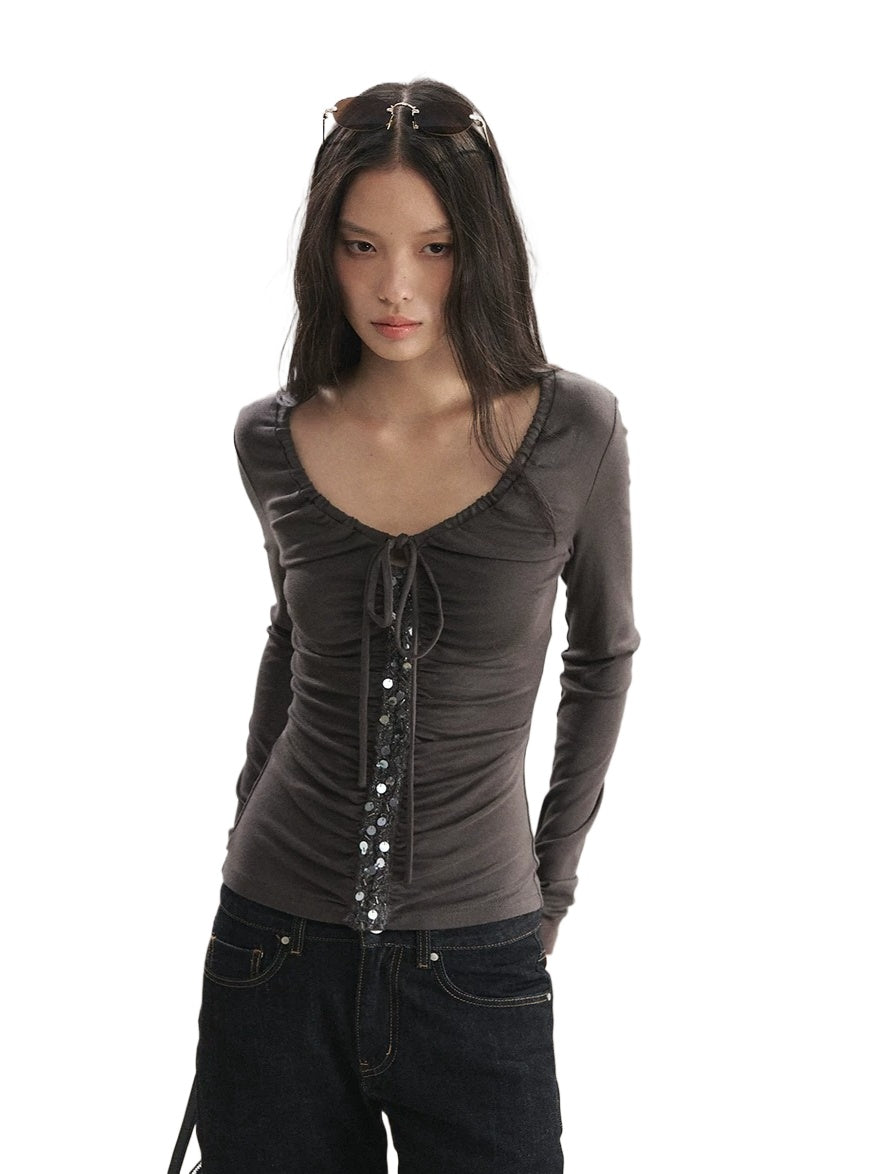 V-Neck Drawstring Sequin Top