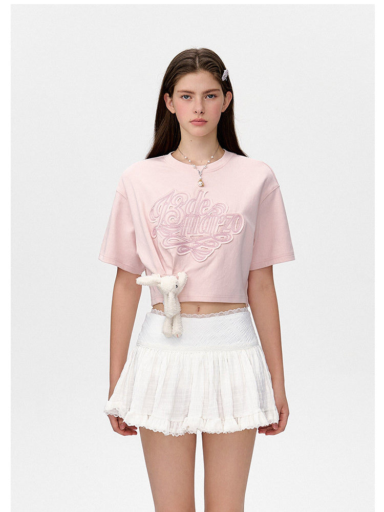 Applique Embroidery Gathered Short-Sleeve T-Shirt