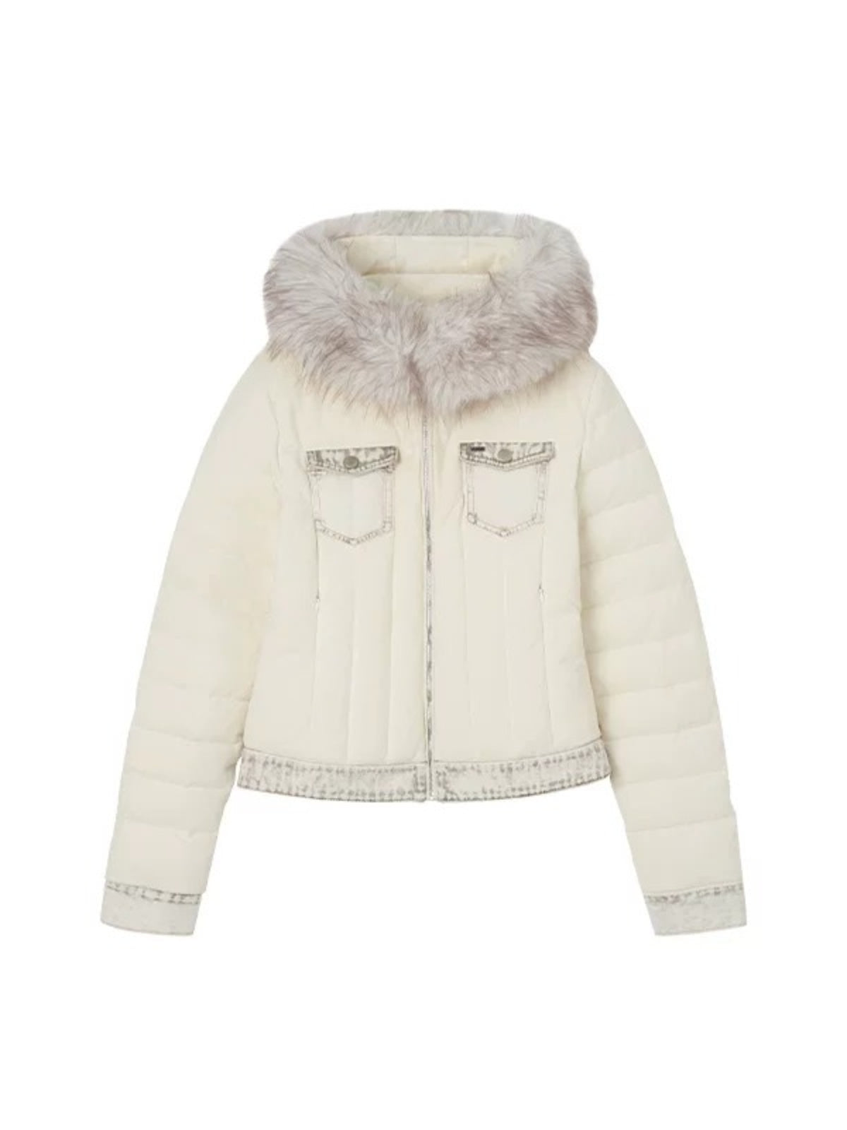 Denim Trim Fur-Collar Down Jacket