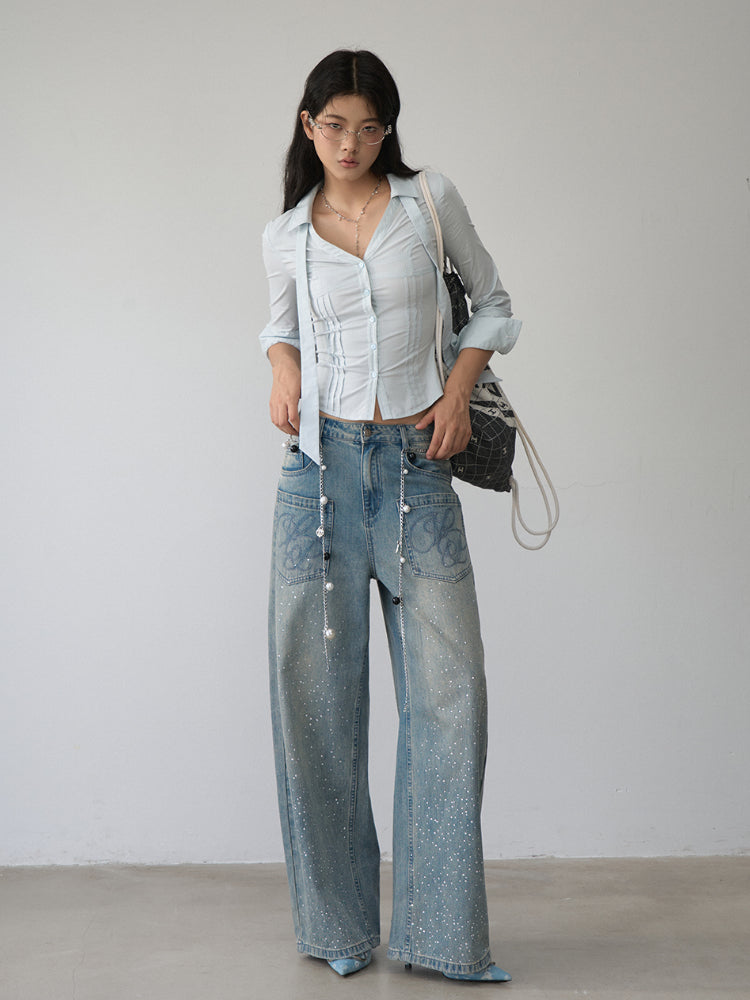 Contrast-colored Collared Waist-cinched Shirt