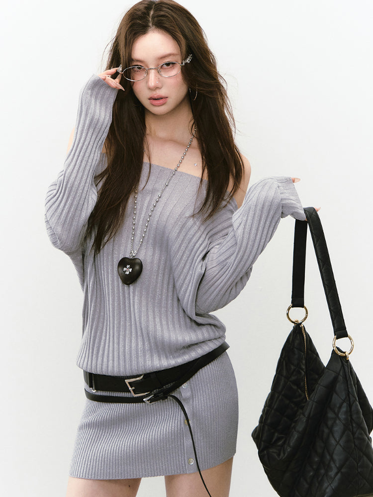 Off-Shoulder Slant Shoulder Button Dress