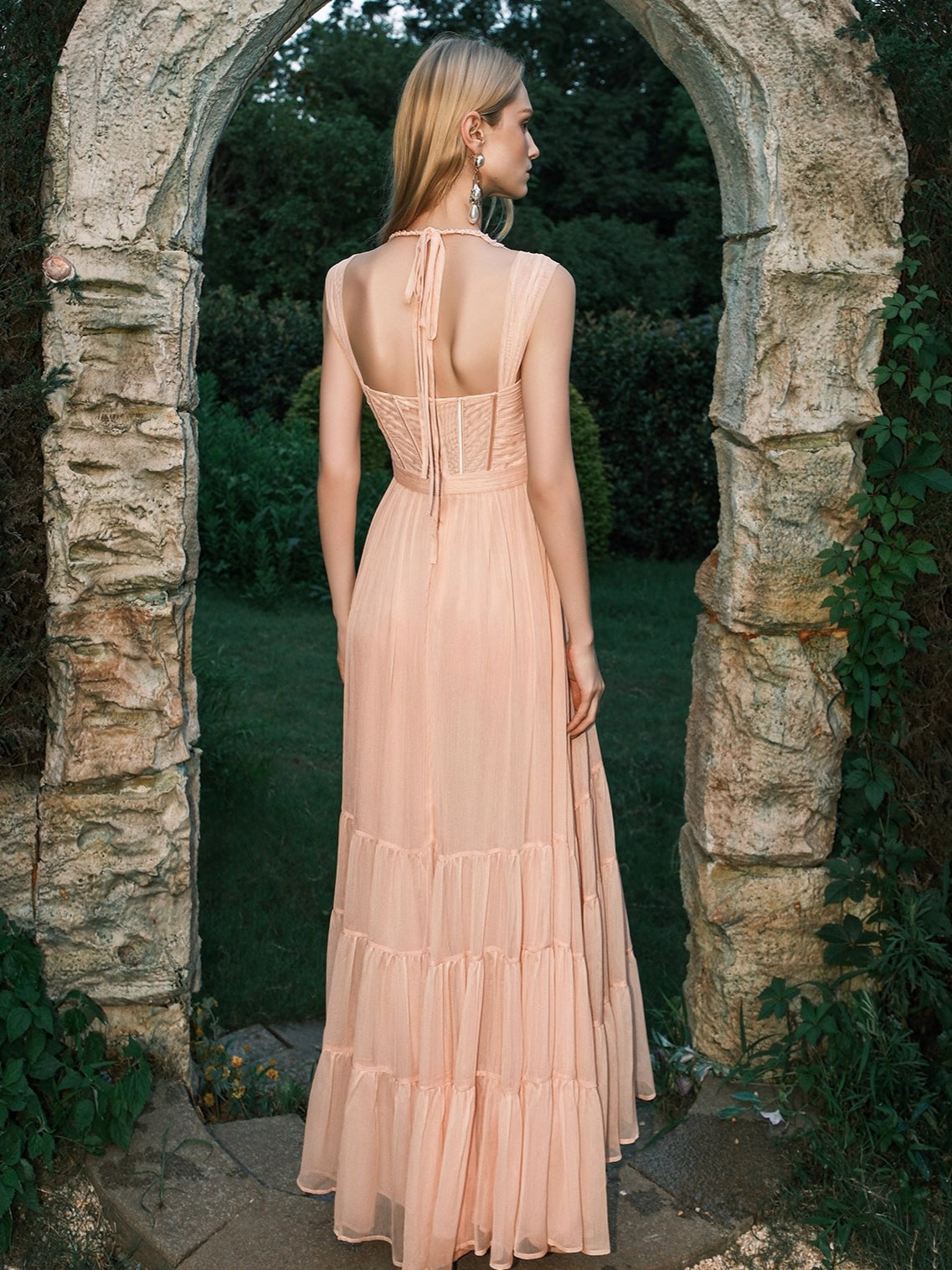 Tia Beaded Crochet Pleated Mesh Halter Dress