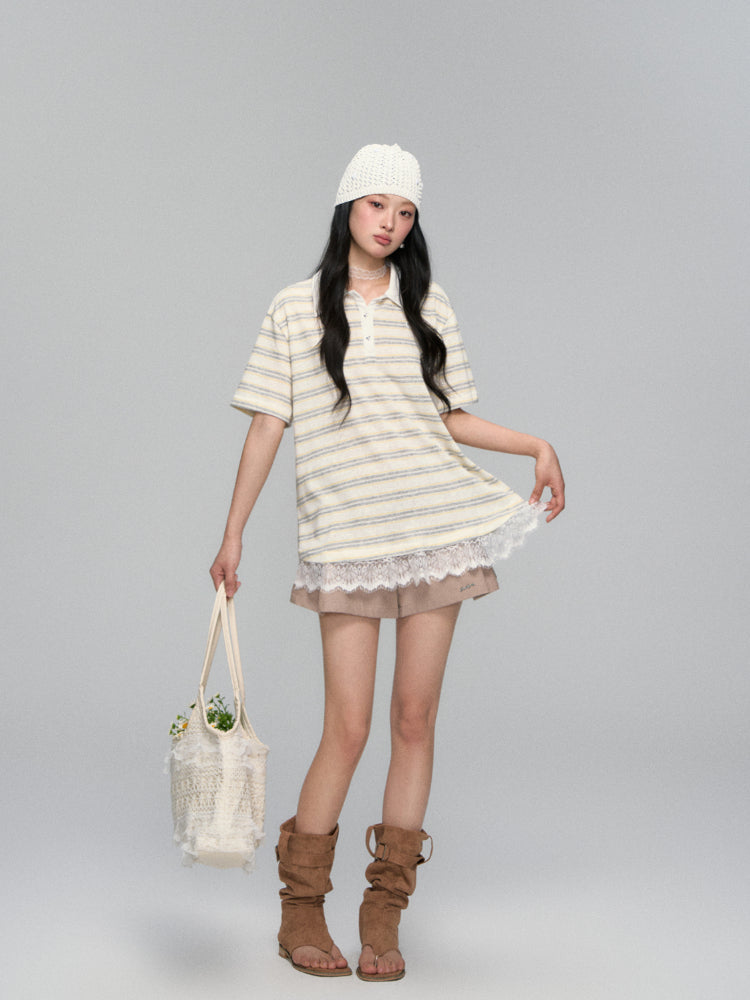 Pleated A-line Khaki Shorts