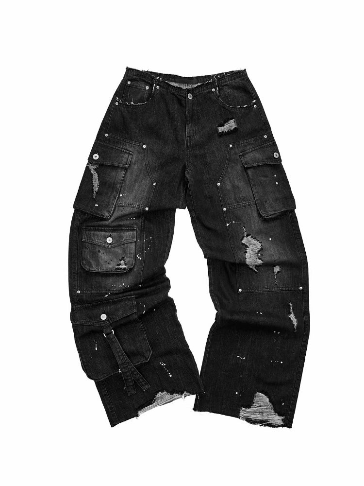 Multi-Pocket Washed Denim Pants