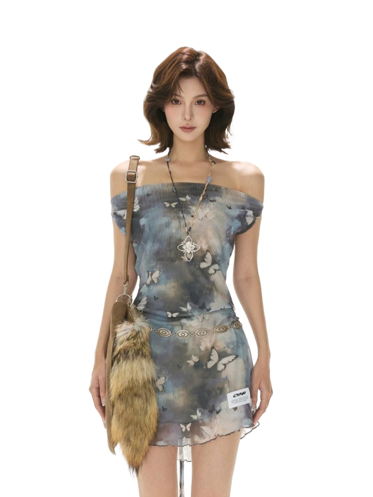 Blue Butterfly Mesh Mini Dress