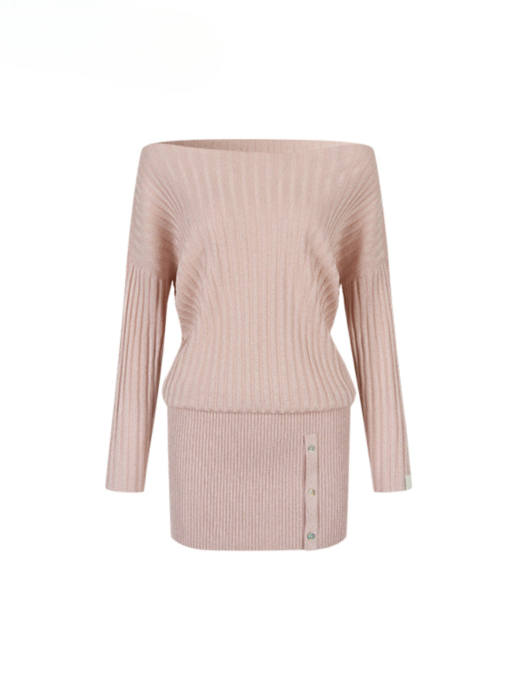 Off-Shoulder Slant Shoulder Button Dress