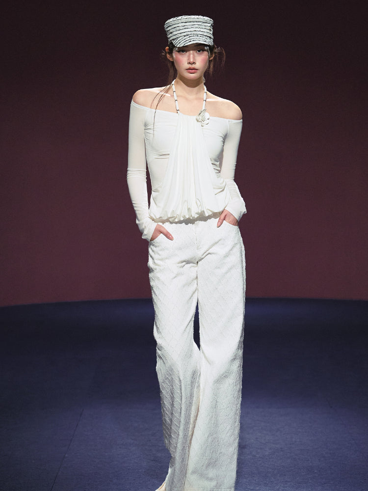 Fake Two-Piece Halter Ruched Floral One-Shoulder Blouse