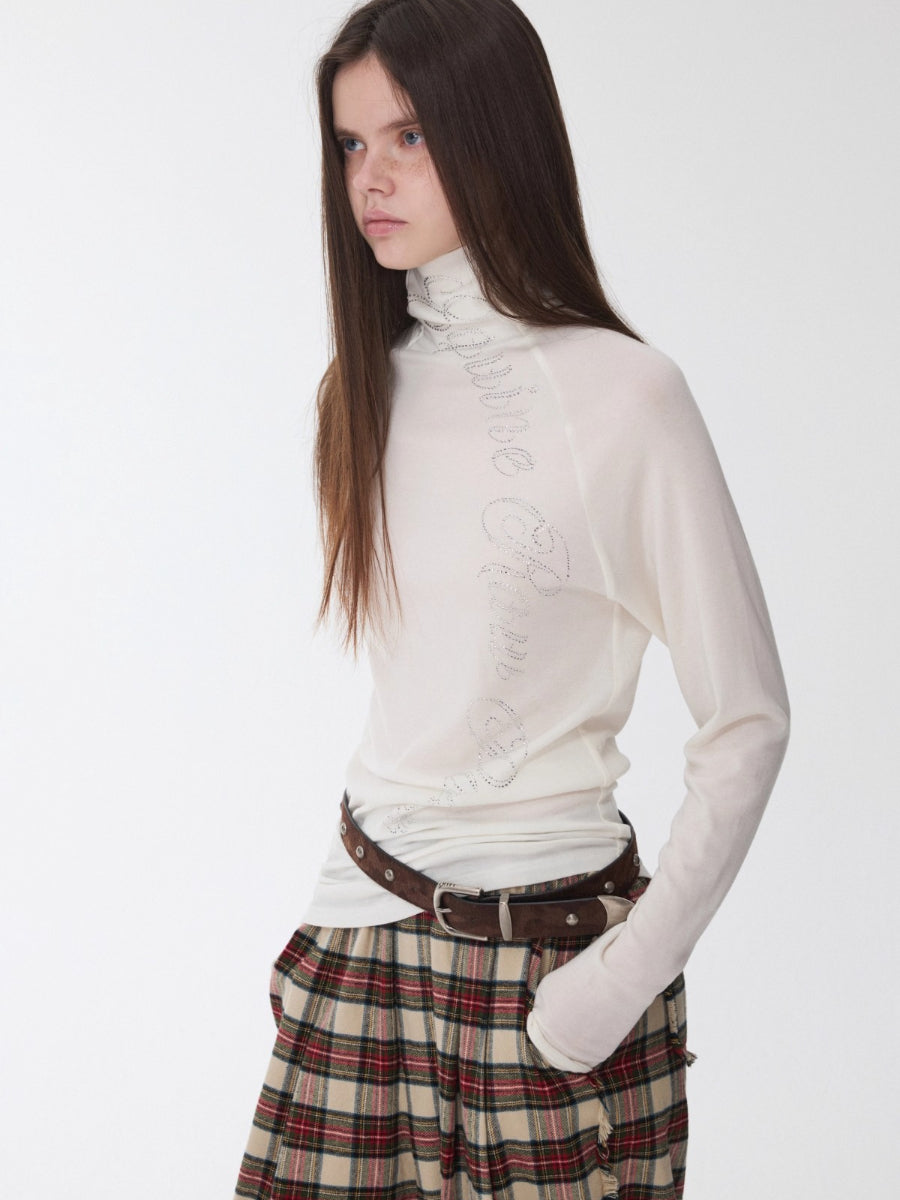 Rhinestone High Neck Raglan Knit Top