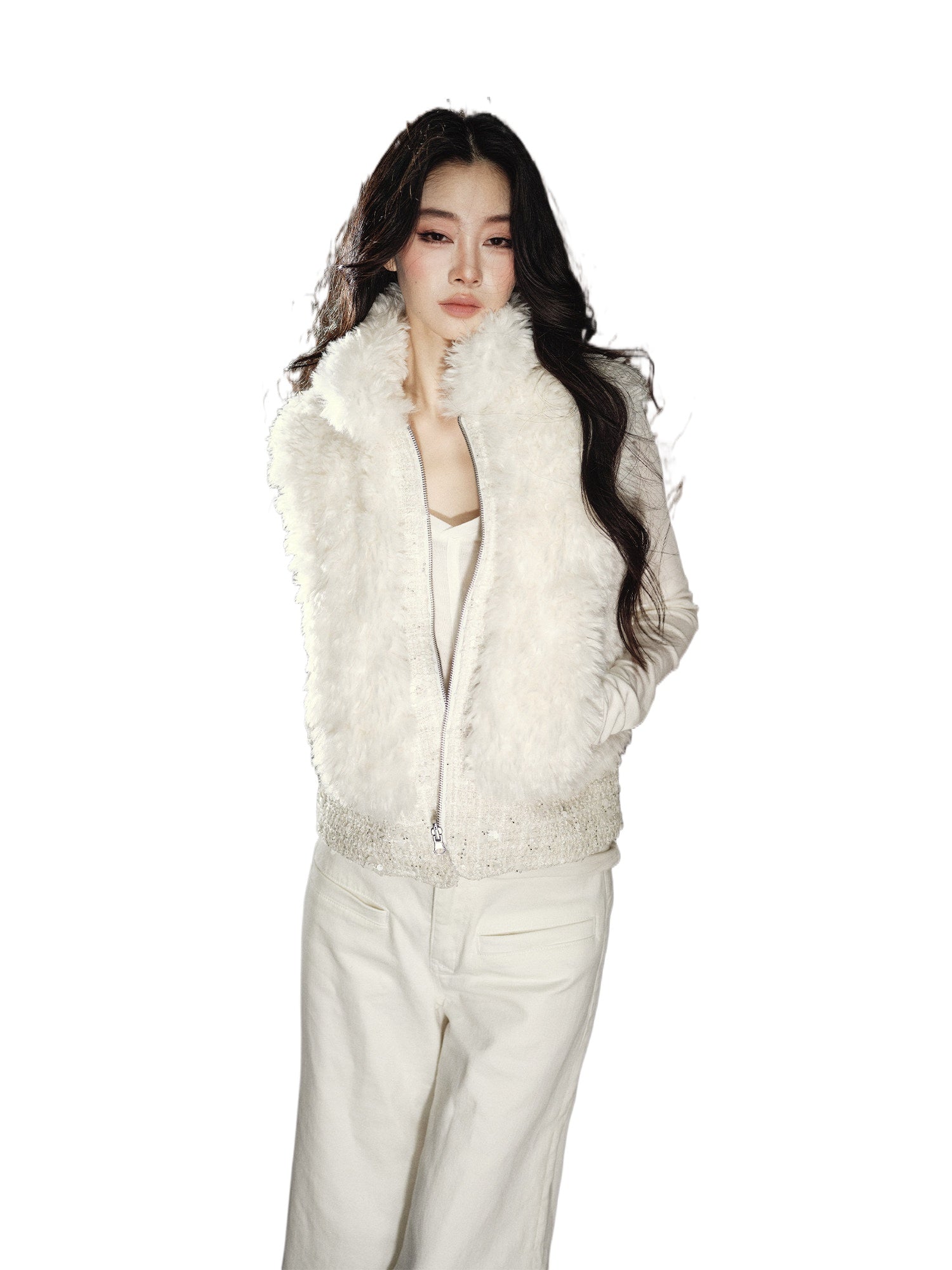 White Beaded Faux Fur Vest
