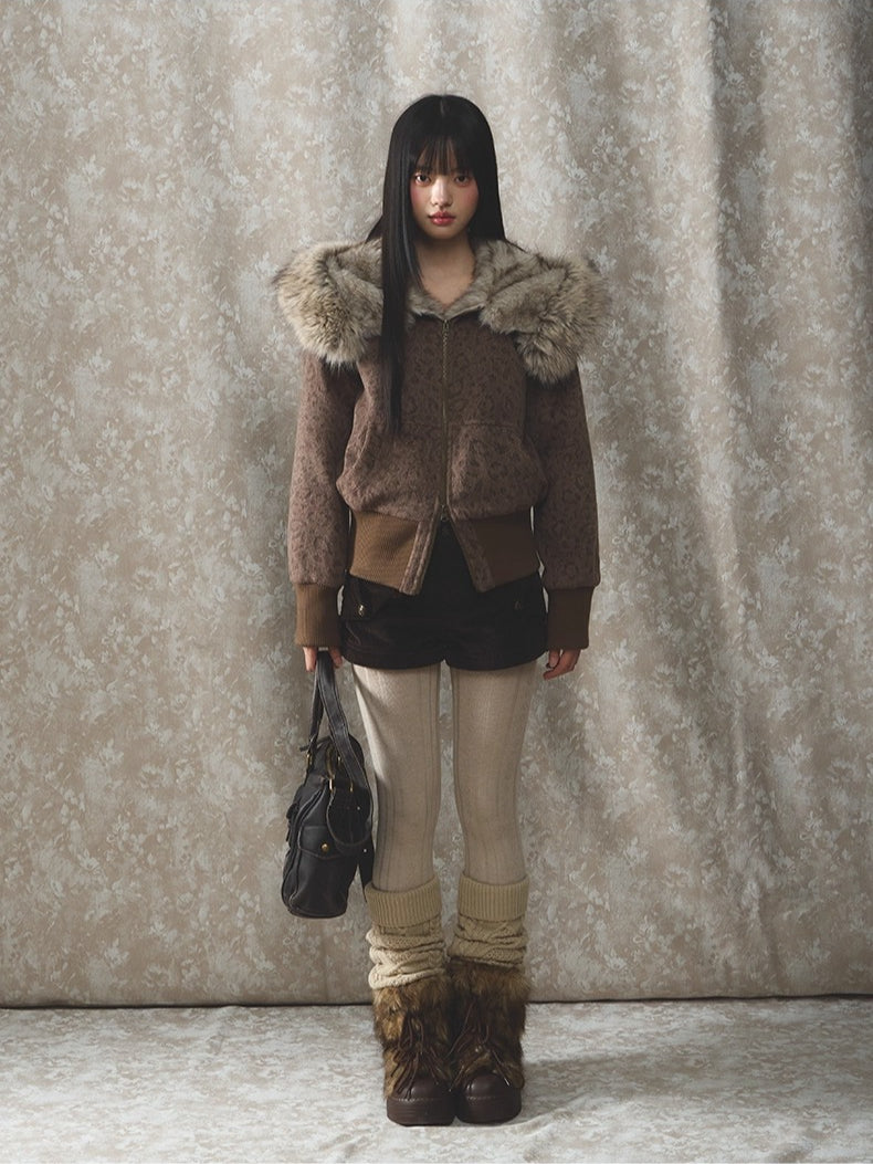 Korean Retro Leopard Wool Hooded Jacket