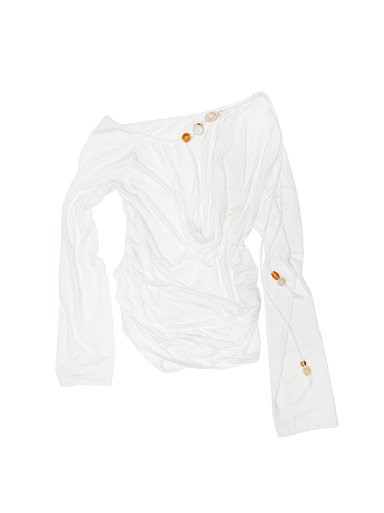 Beaded Cowl Neck Off-shoulder Long-sleeve Tunic