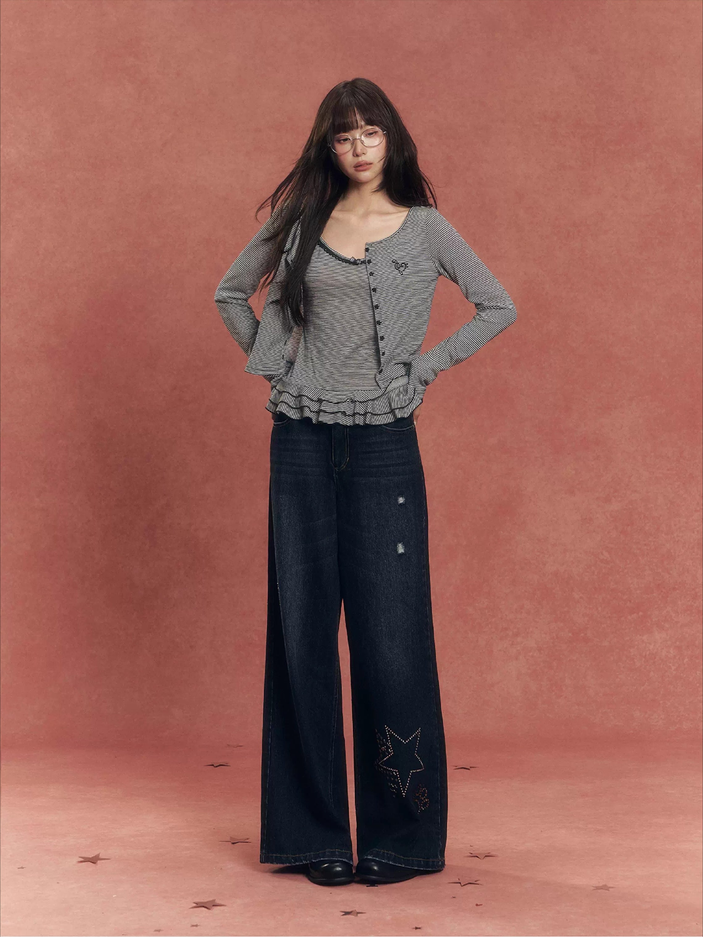 Lyocell Stripe Cardigan & Lace-Trim Cami Set