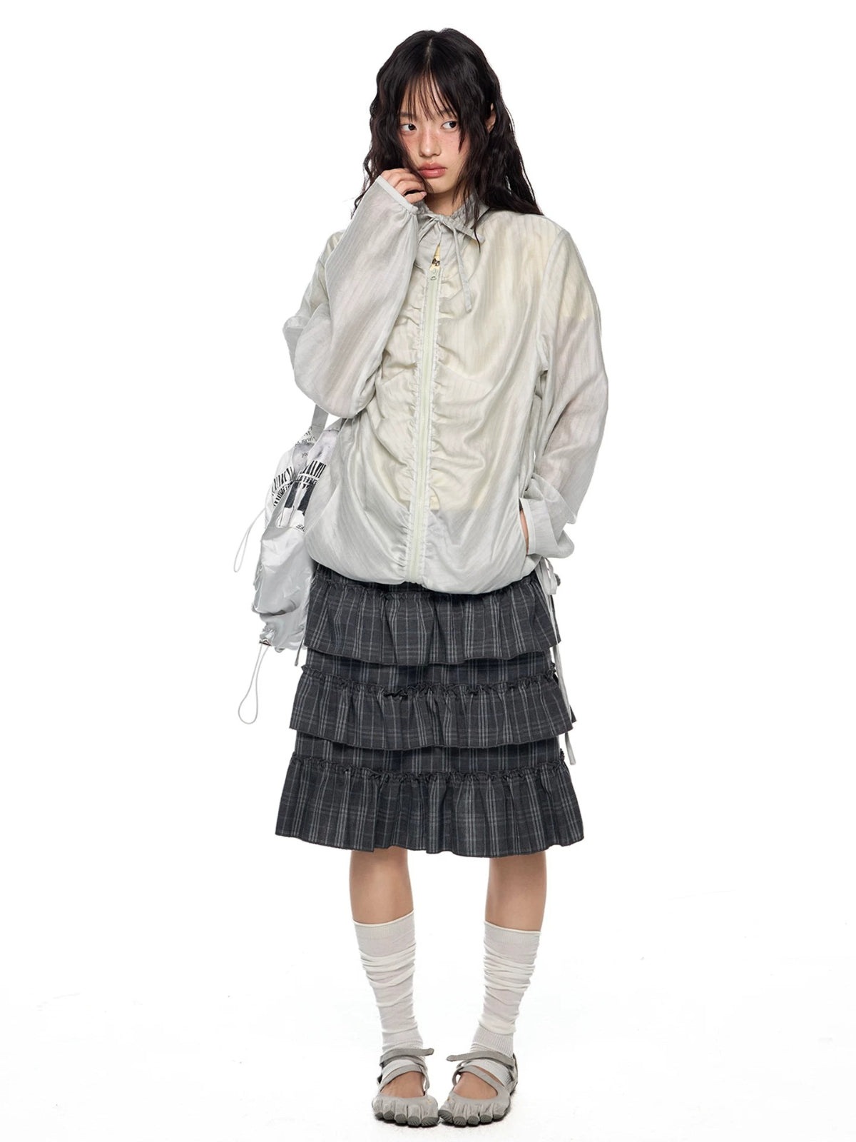 Gathered Tie Plaid Lightweight Blouse