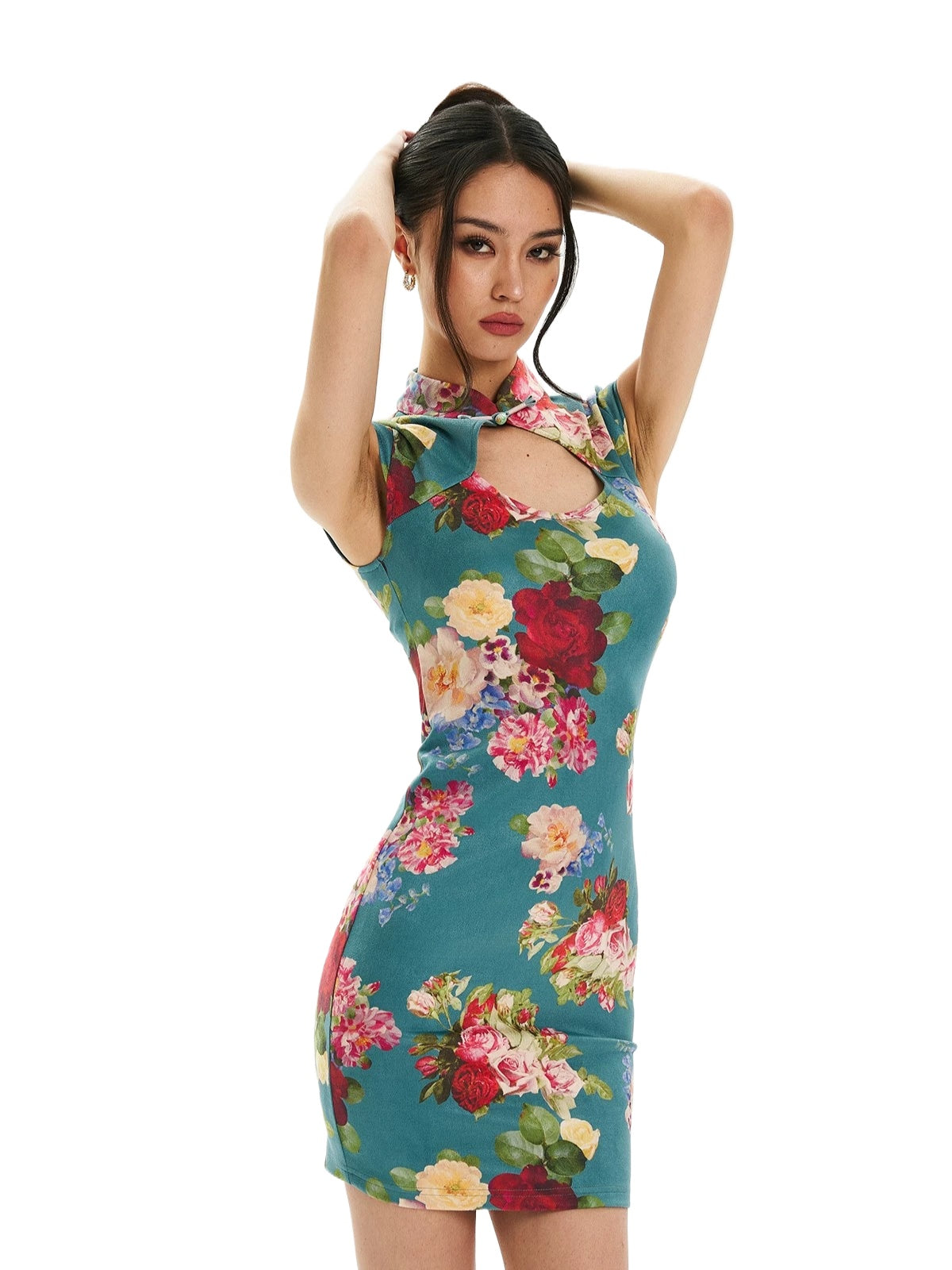 Floral Velvet Mandarin Collar Qipao Dress