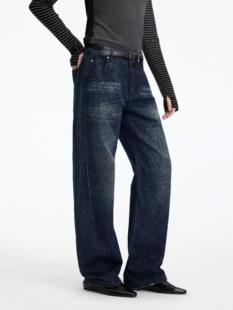 Vintage Washed Panel Straight Jeans