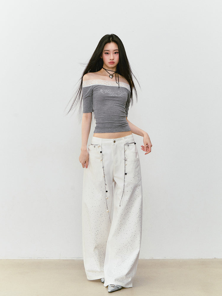 3D Rhinestone Wide - leg Denim Pants