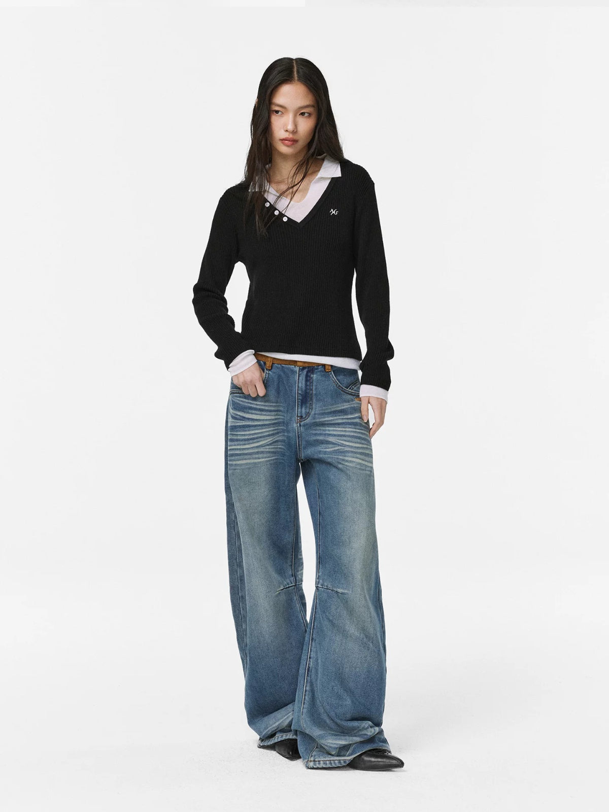 Faux Suede Waistband Barrel Jeans