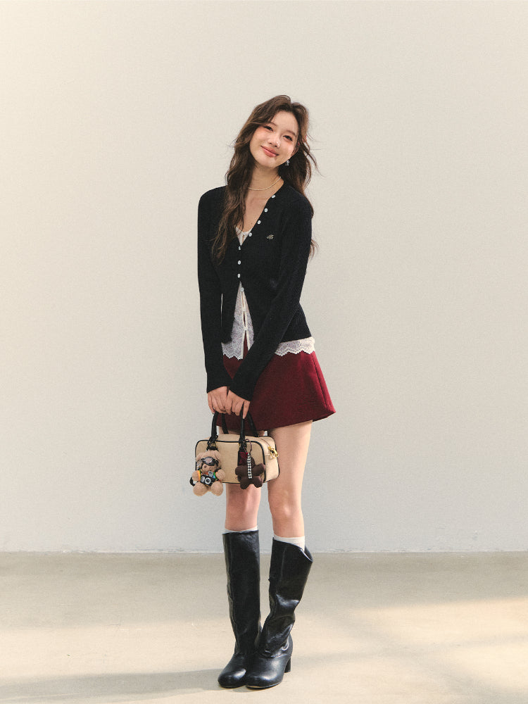 Lace Tie Fake Two-Piece Knitted Cardigan