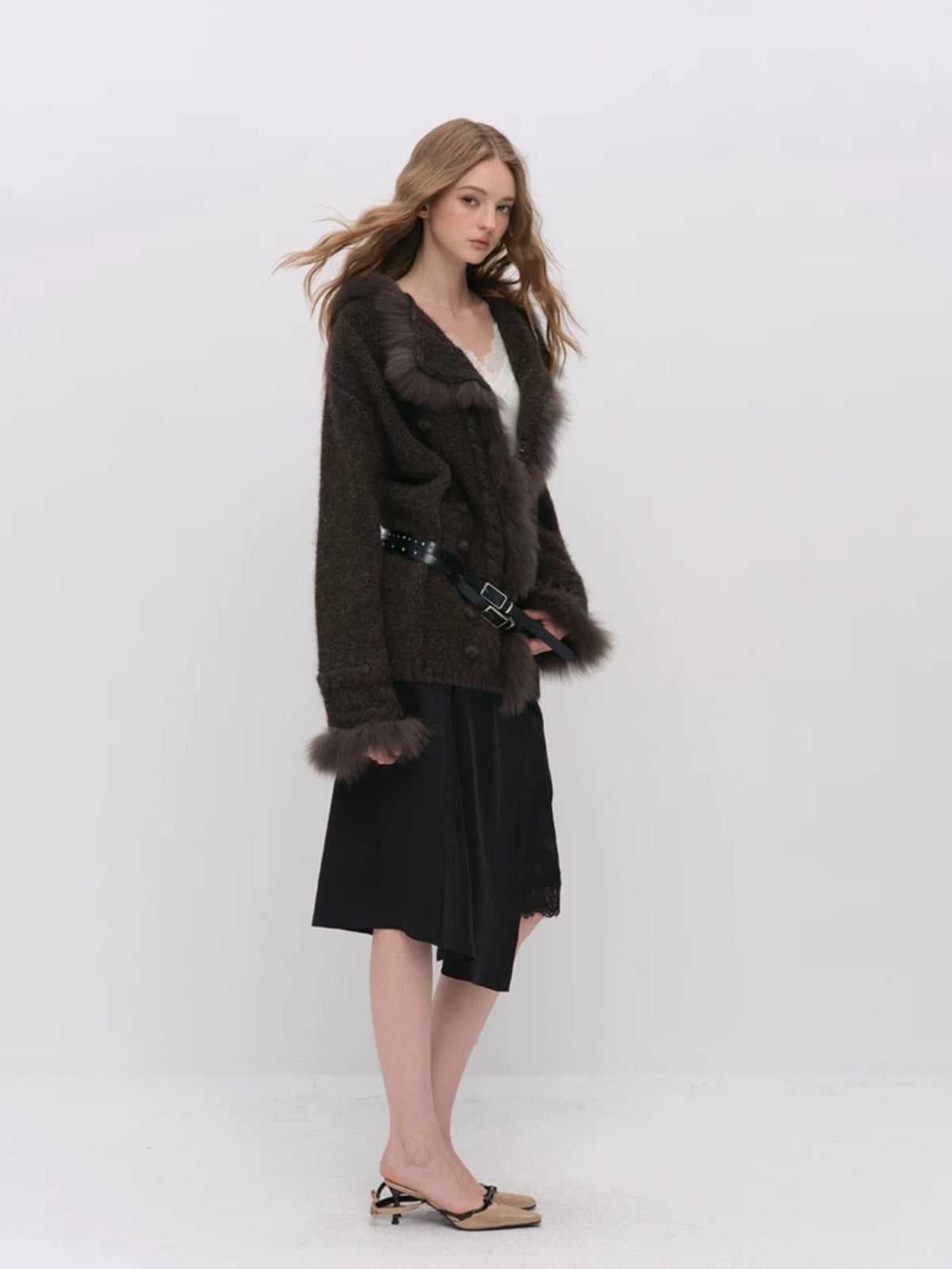 Fox Fur Trim Knit Coat