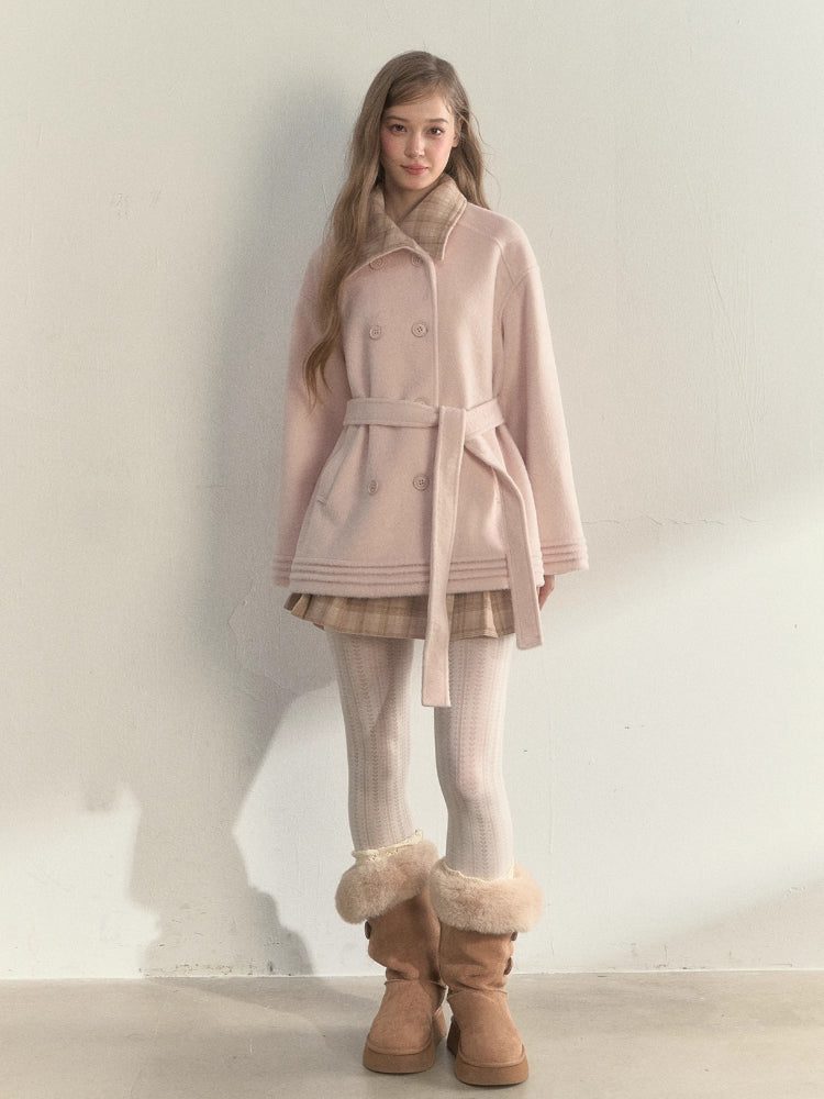 Plaid-Collar Double-Breasted Wool Coat