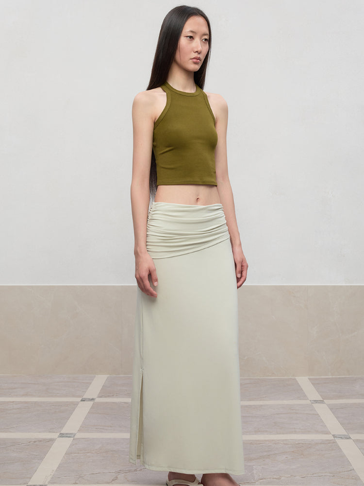 Lyocell Pleated Mid-Low Waist Midi Skirt
