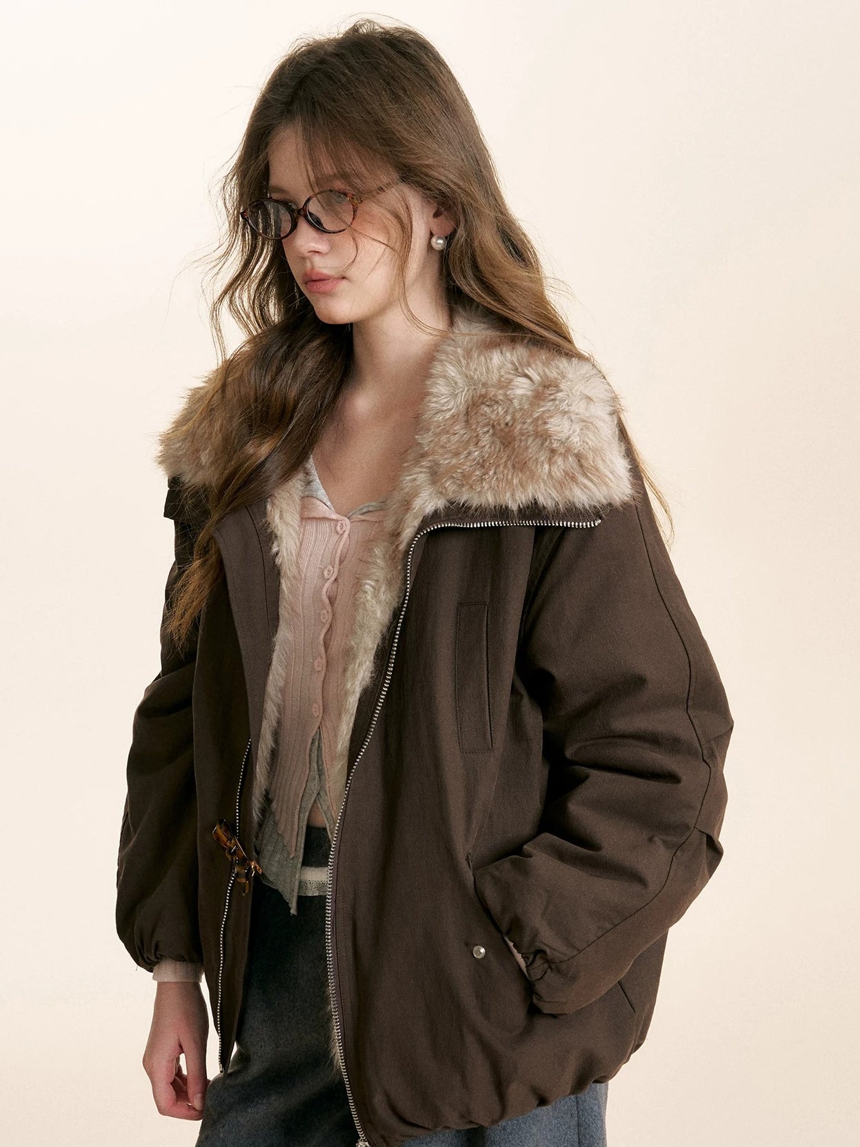 Brown & White Fur Collar Parka Jacket