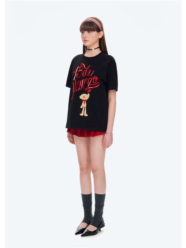 Checkered Ribbon Logo Cotton Short-sleeve T-shirt