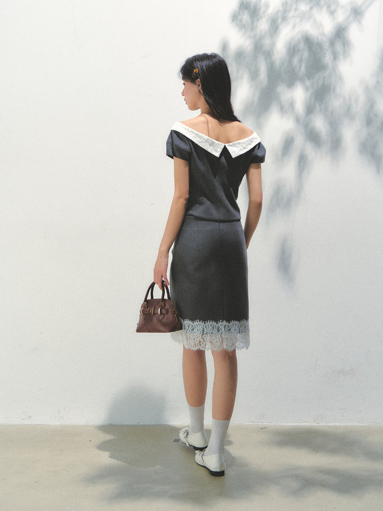 Dark Gray Princess Sleeve Top & skirt set