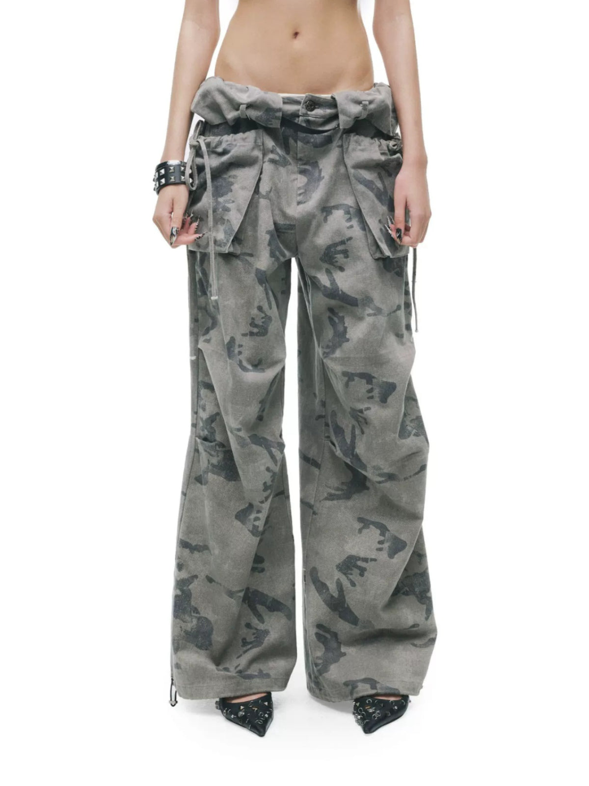 Washed Camouflage Double Waist Jeans