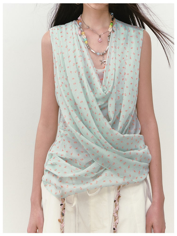 Small Floral Cowl Neck Sleeveless Tank Top