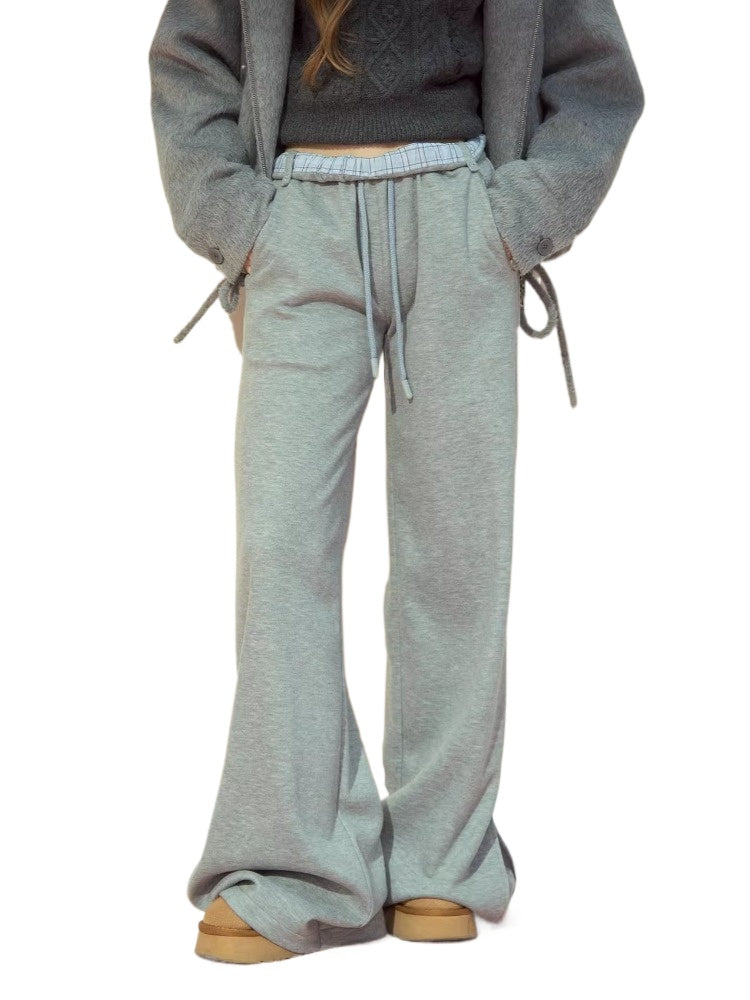 Checked Waist Wool Straight-Leg Pants