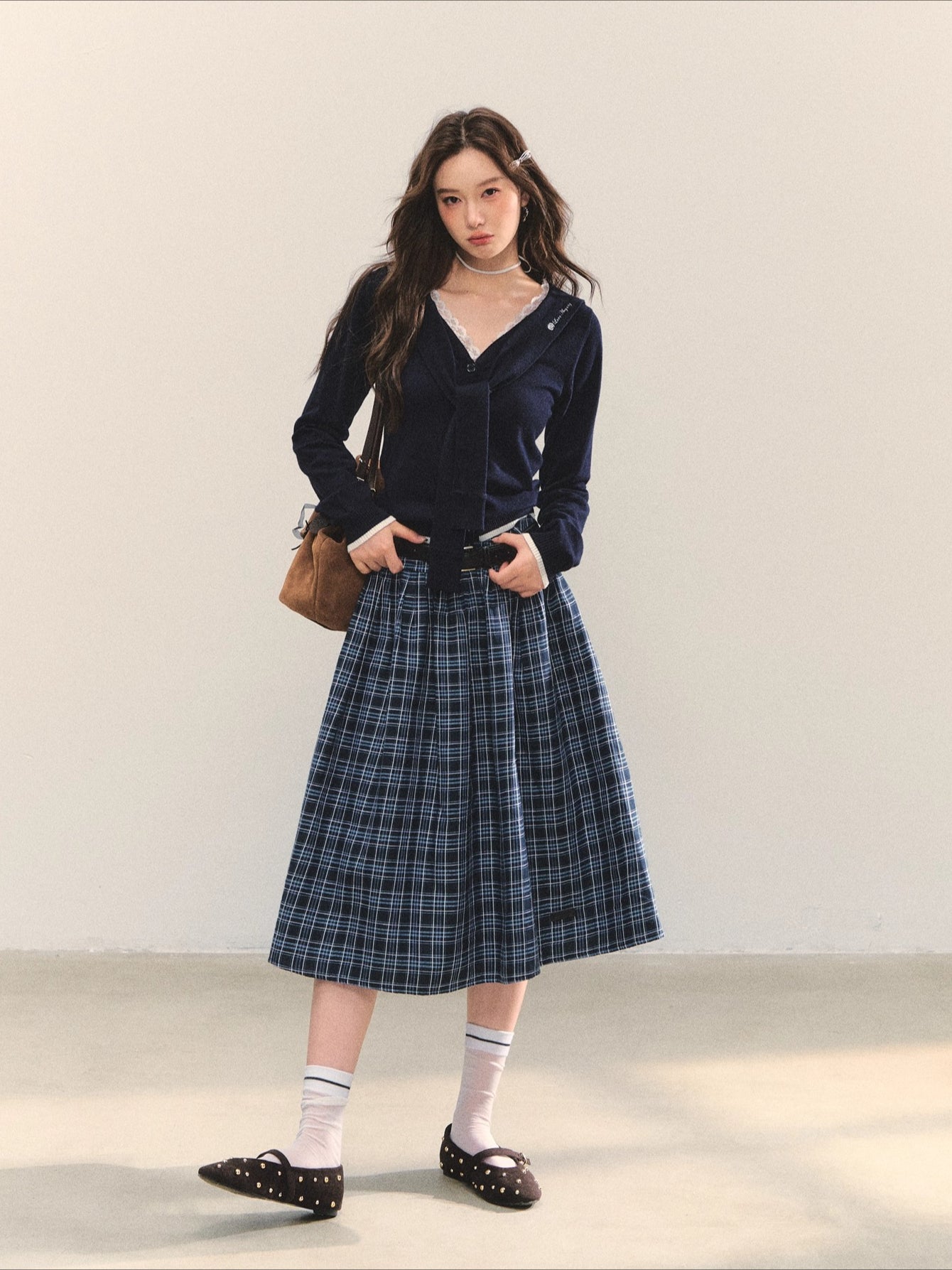 Blue Belted Plaid Skirt