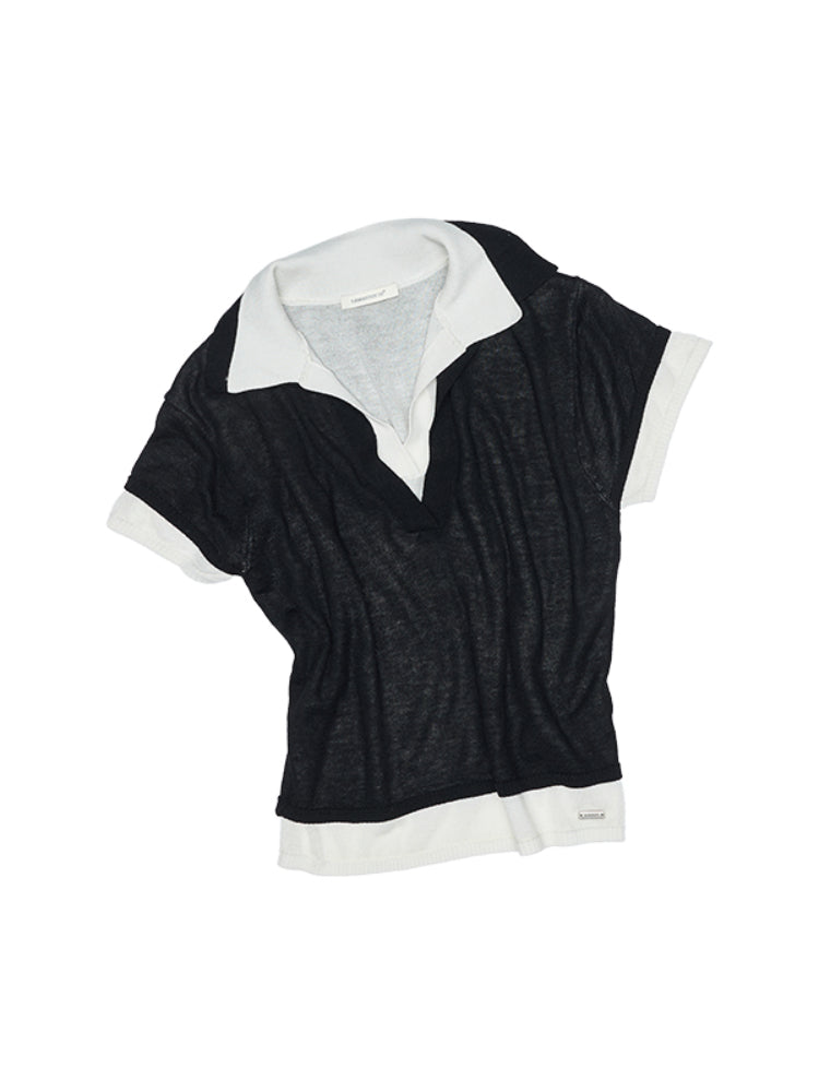 Color-Blocking Fake Two-piece Knit Polo Shirt