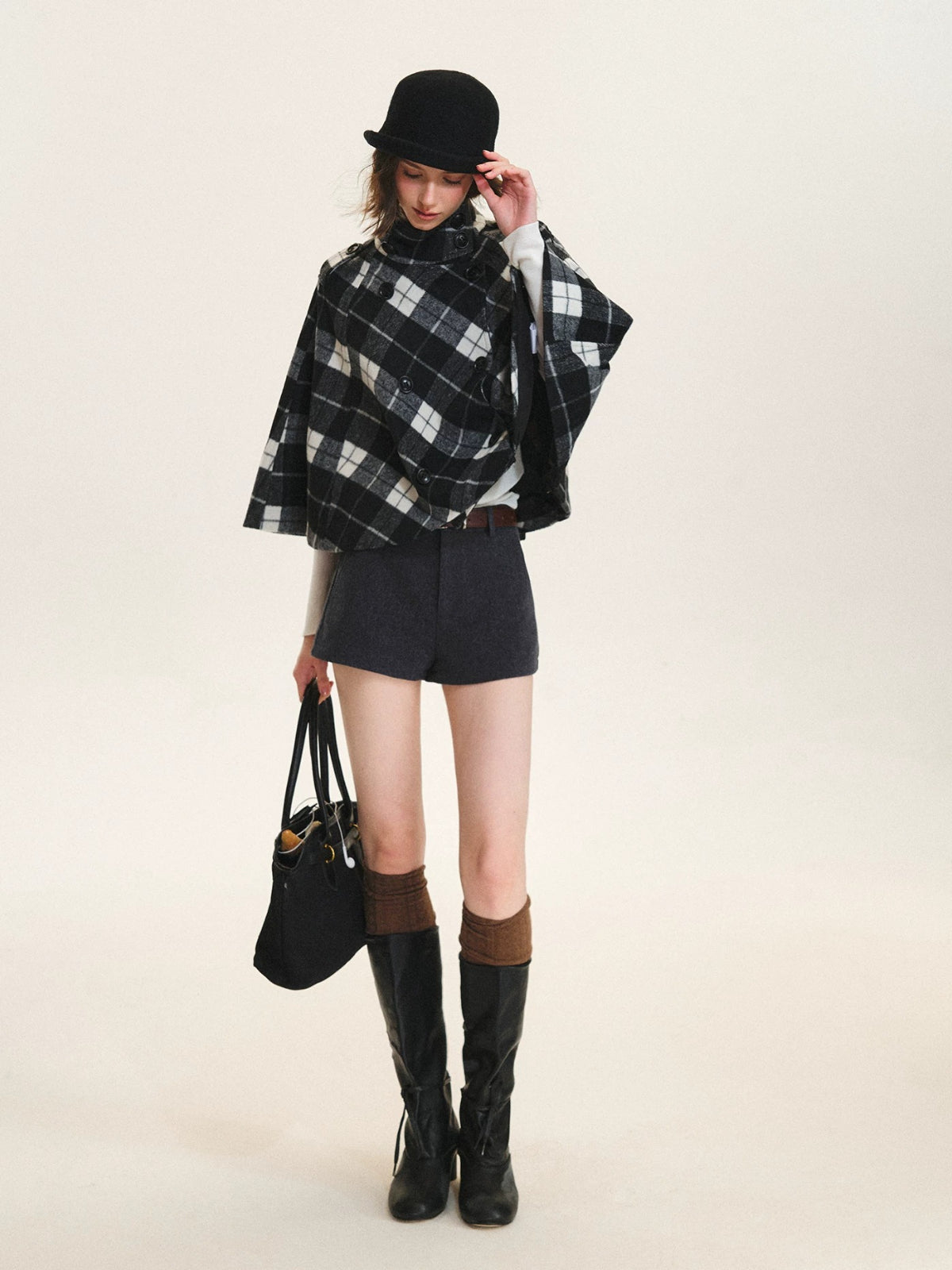 Checked Wool Blend Cape Coat
