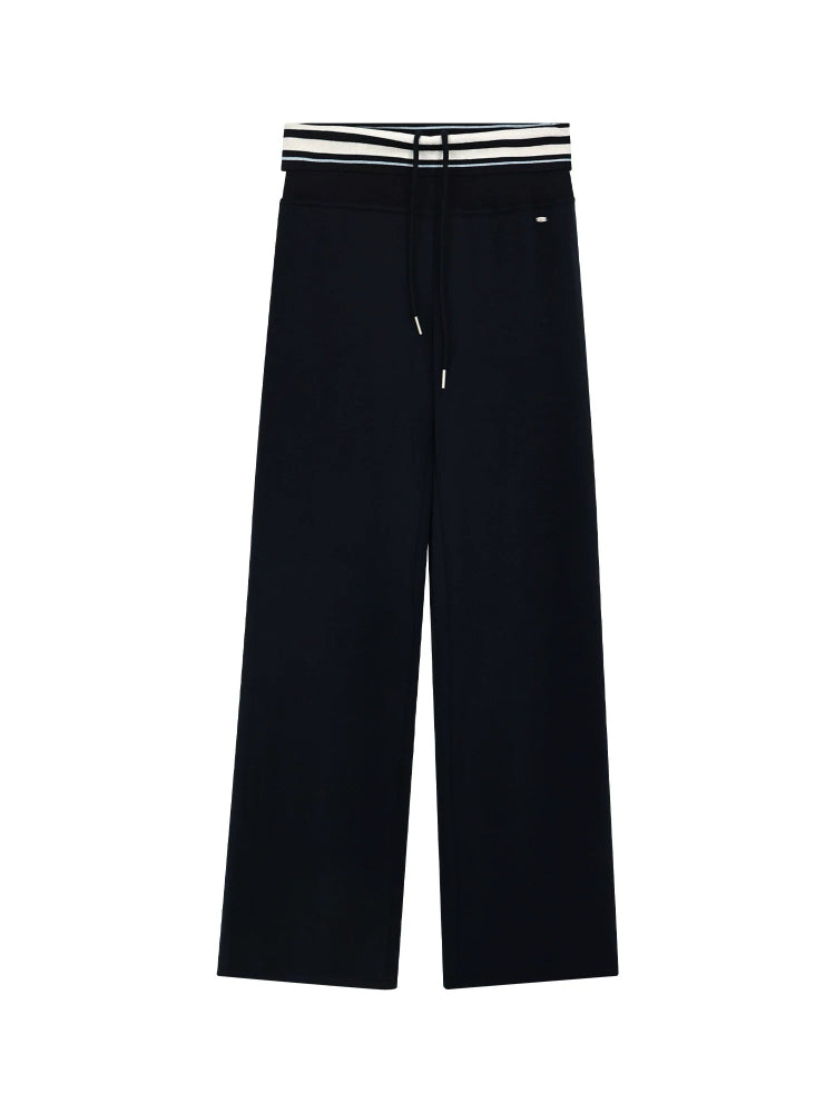 Navy Striped Drawstring Wide Leg Pants