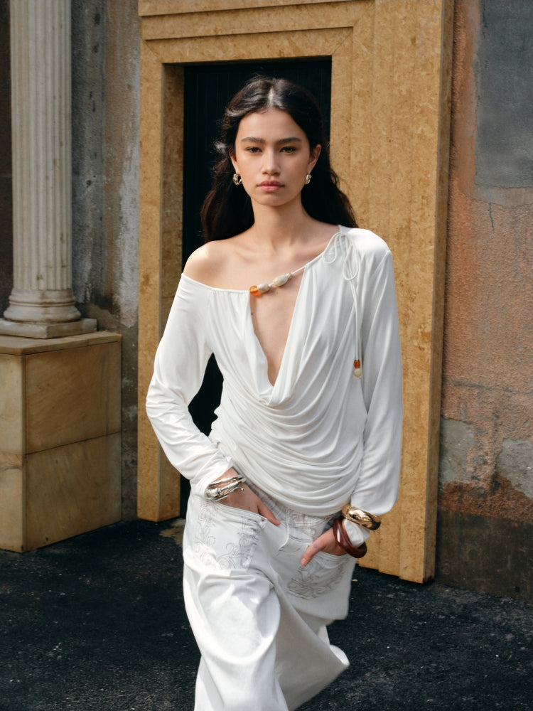 Beaded Cowl Neck Off-shoulder Long-sleeve Tunic