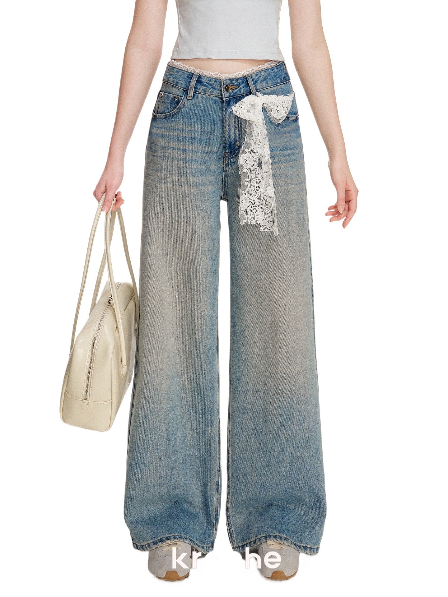 Denim Blue Lace Tie Wide-Leg Jeans