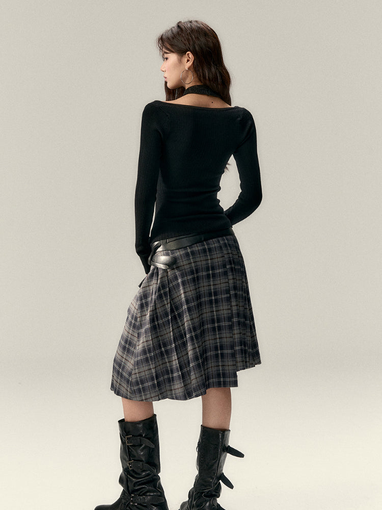 Asymmetrical Plaid Midi Skirt